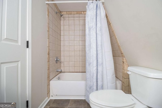 full bathroom with toilet and shower / bathtub combination with curtain