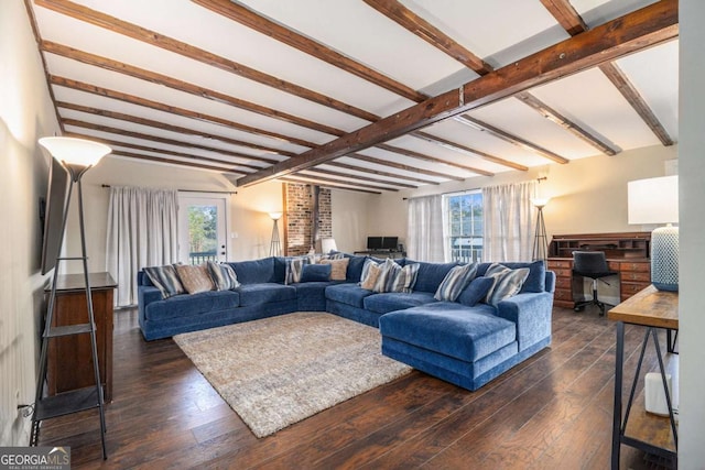 living room featuring dark wood-style floors, plenty of natural light, and beam ceiling