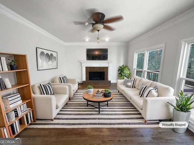 living room featuring ceiling fan, ornamental molding, and dark wood-style flooring