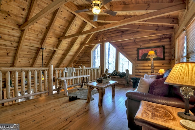 381 Morley Ct, Ellijay, GA 30540 - living area featuring wooden ceiling, rustic walls, a ceiling fan, and hardwood / wood-style flooring