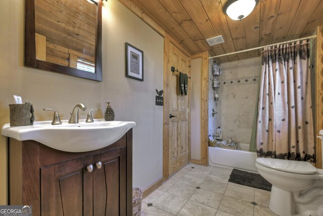 381 Morley Ct, Ellijay, GA 30540 - bathroom with wood ceiling, vanity, shower / tub combo, and tile patterned flooring