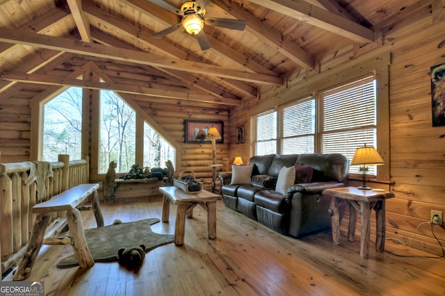 381 Morley Ct, Ellijay, GA 30540 - living room featuring healthy amount of natural light, light wood-type flooring, ceiling fan, wooden ceiling, and rustic walls