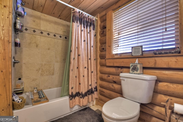 381 Morley Ct, Ellijay, GA 30540 - bathroom with rustic walls, shower / tub combo with curtain, and wooden ceiling