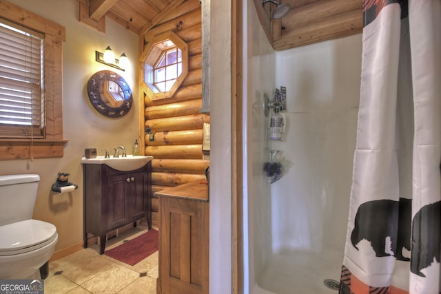 381 Morley Ct, Ellijay, GA 30540 - bathroom featuring rustic walls, vanity, a shower with curtain, and a wooden ceiling with exposed beams