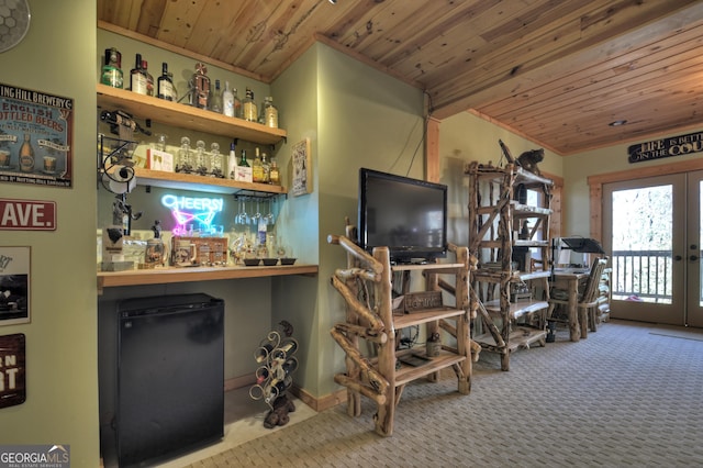 381 Morley Ct, Ellijay, GA 30540 - indoor dry bar featuring wood ceiling, carpet floors, and french doors