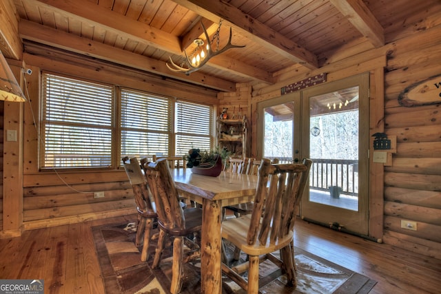 381 Morley Ct, Ellijay, GA 30540 - dining room featuring a wooden ceiling with exposed beams, wood-type flooring, french doors, and rustic walls
