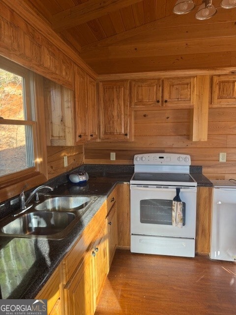 kitchen with wooden ceiling, white electric range, a sink, and wood walls