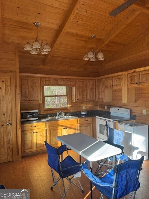 kitchen featuring white electric range oven, dark countertops, wooden ceiling, pendant lighting, and a notable chandelier