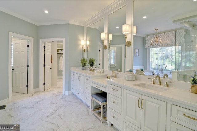 bathroom with crown molding, recessed lighting, and marble finish floor