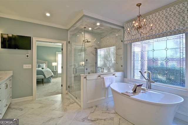 ensuite bathroom with vanity, ornamental molding, a shower stall, marble finish floor, and connected bathroom