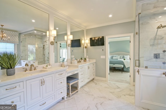 ensuite bathroom featuring a stall shower, a chandelier, marble finish floor, and ornamental molding