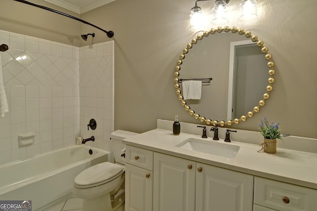 full bath with tile patterned flooring, toilet, ornamental molding, shower / bathtub combination, and vanity