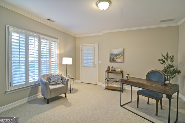 carpeted office with crown molding, baseboards, and visible vents