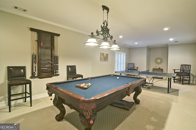 recreation room featuring visible vents, carpet floors, baseboards, and crown molding