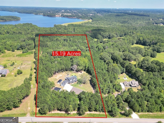 birds eye view of property featuring a forest view and a water view