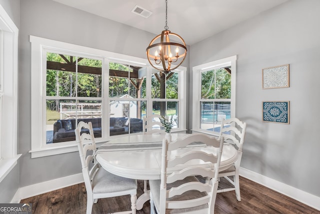 dining area with plenty of natural light, dark wood finished floors, visible vents, and a notable chandelier