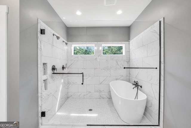 full bath with a freestanding bath, a stall shower, visible vents, and recessed lighting