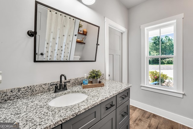 full bath with vanity, baseboards, a wealth of natural light, and wood finished floors