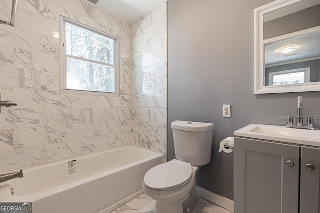 bathroom with baseboards, toilet,  shower combination, marble finish floor, and vanity