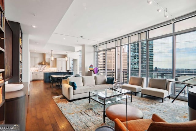 living area with rail lighting, floor to ceiling windows, and hardwood / wood-style flooring