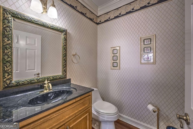 520 Camp Perrin Rd, Lawrenceville, GA 30043 - half bath featuring vanity, toilet, and wallpapered walls