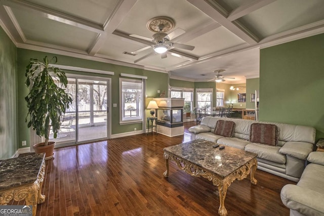 520 Camp Perrin Rd, Lawrenceville, GA 30043 - living area featuring dark wood-style flooring, visible vents, ornamental molding, coffered ceiling, and baseboards