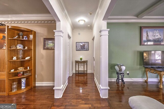 520 Camp Perrin Rd, Lawrenceville, GA 30043 - hall featuring dark wood-style floors, arched walkways, decorative columns, ornamental molding, and baseboards