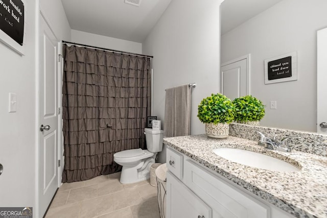 full bath featuring visible vents, toilet, a shower with curtain, tile patterned flooring, and vanity