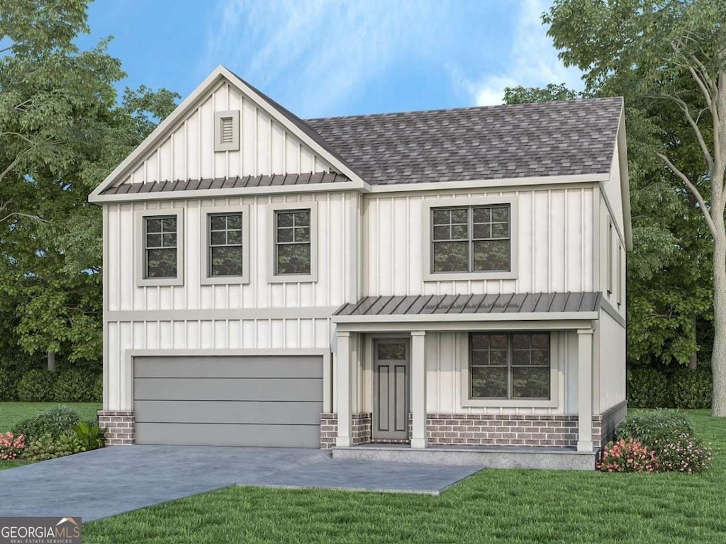 modern farmhouse with board and batten siding, a standing seam roof, roof with shingles, and brick siding