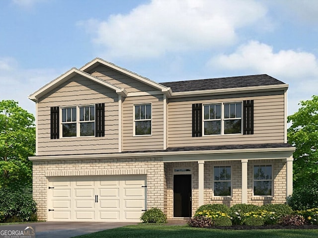 craftsman house featuring driveway, a garage, and brick siding