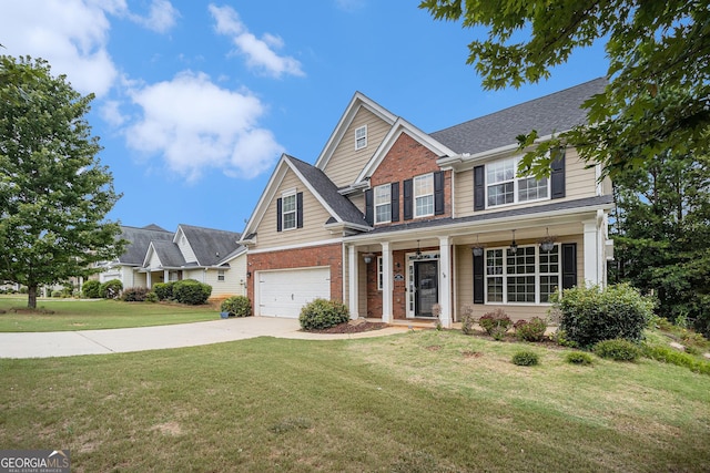 traditional-style home featuring a porch, a garage, brick siding, driveway, and a front lawn