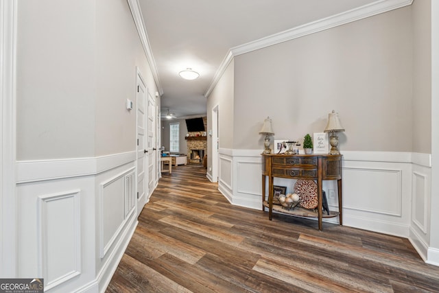 hallway with dark wood-style floors, a wainscoted wall, crown molding, and a decorative wall