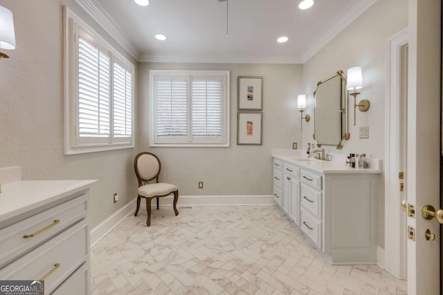 bathroom with ornamental molding, recessed lighting, vanity, and baseboards