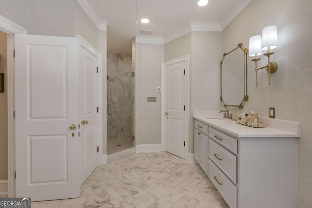 bathroom with marble finish floor, a marble finish shower, recessed lighting, ornamental molding, and vanity