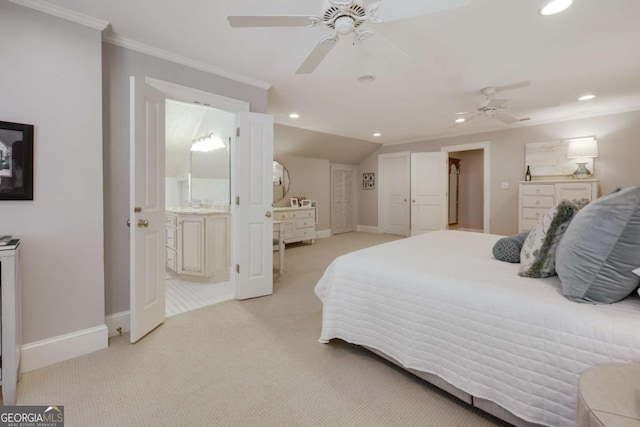 bedroom with ornamental molding, recessed lighting, light carpet, and baseboards