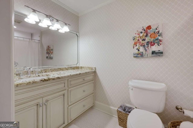 full bathroom featuring wallpapered walls, visible vents, toilet, tile patterned floors, and crown molding