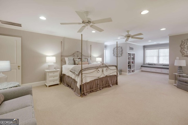 bedroom featuring light carpet, baseboards, visible vents, crown molding, and recessed lighting