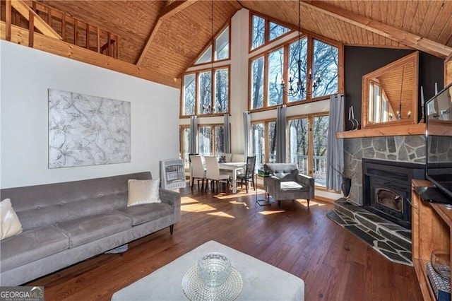 living area with wooden ceiling, high vaulted ceiling, a fireplace, and hardwood / wood-style floors