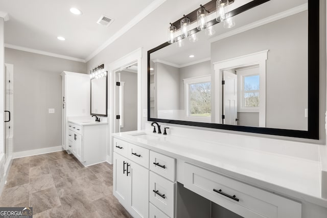 full bath featuring crown molding, visible vents, a sink, and recessed lighting