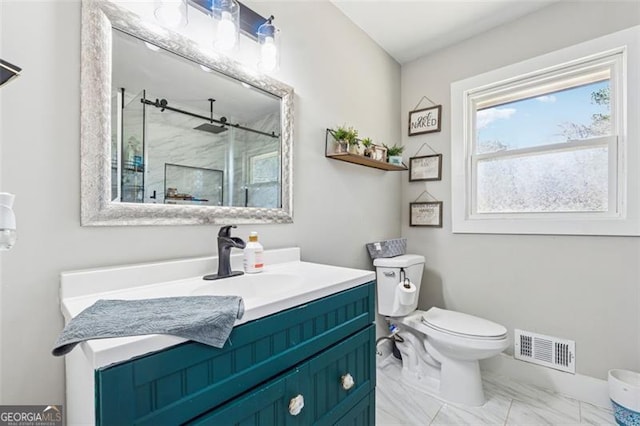 full bathroom featuring visible vents, toilet, marble finish floor, vanity, and a shower stall