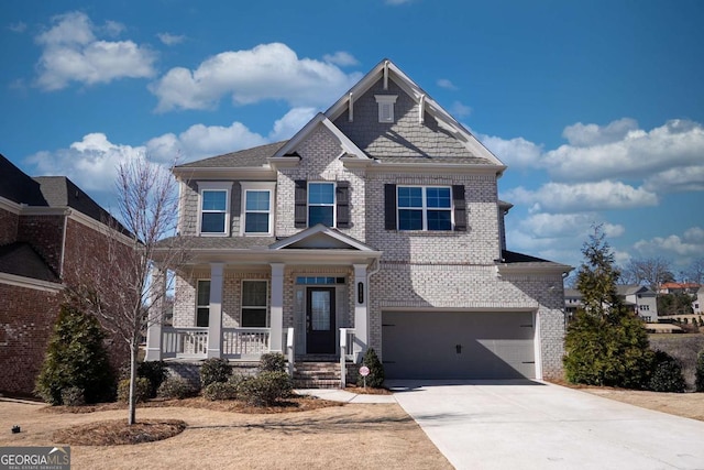 craftsman-style home featuring driveway, a porch, an attached garage, and brick siding