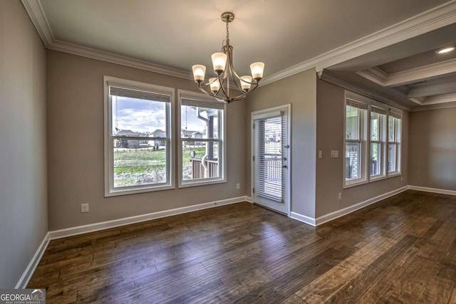 unfurnished dining area with ornamental molding, plenty of natural light, and dark wood finished floors