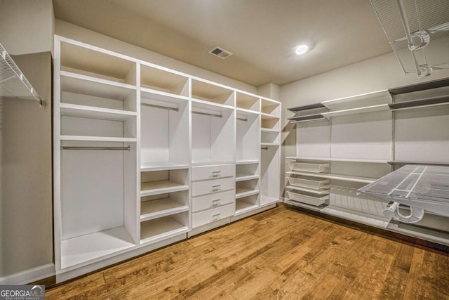 walk in closet with wood finished floors and visible vents