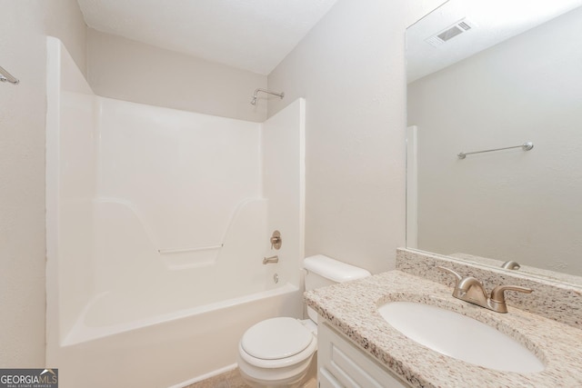 full bathroom with shower / bath combination, visible vents, vanity, and toilet