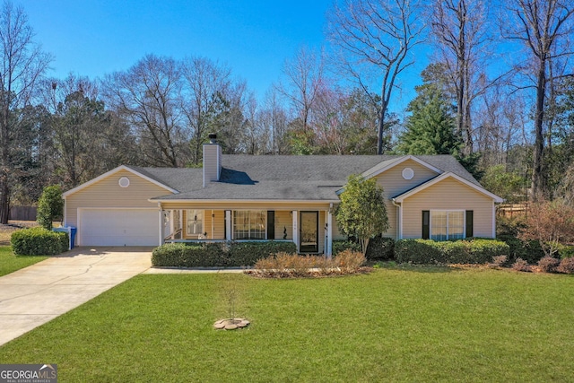 single story home featuring concrete driveway, a chimney, an attached garage, a front lawn, and a porch