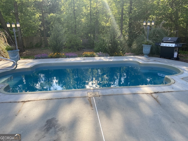 view of pool featuring a fenced backyard, a fenced in pool, and area for grilling