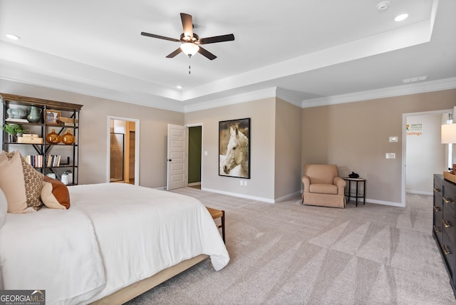 bedroom featuring light carpet, baseboards, a raised ceiling, crown molding, and recessed lighting