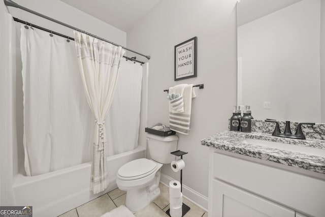 full bathroom featuring toilet, vanity, baseboards, tile patterned floors, and shower / bathtub combination with curtain