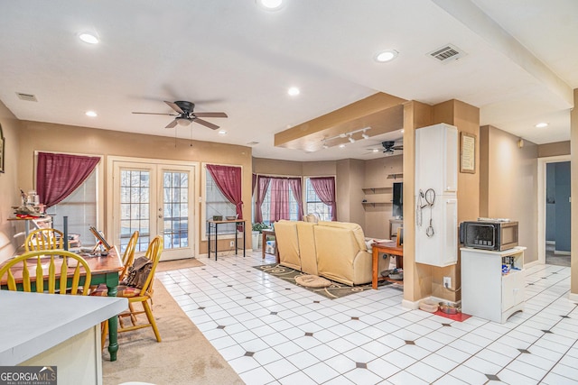 kitchen with french doors, a ceiling fan, visible vents, and recessed lighting