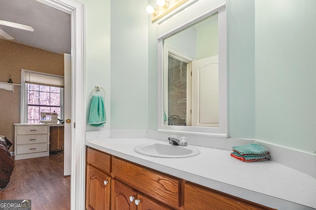 bathroom with vanity and wood finished floors